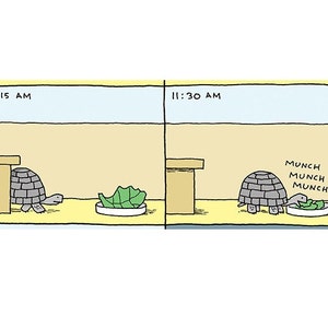 May include: A cartoon illustration of a turtle eating a green leafy vegetable. The turtle is in a yellow enclosure with a brown table and the text "MUNCH MUNCH MUNCH" above it. The time is 11:30 AM.