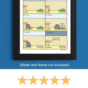 May include: A humorous illustration depicting a day in the life of a pet tortoise. The cartoon shows the tortoise at different times of the day, including eating, sleeping, and exploring. The text includes the times of day and captions like "Hoo-boy! Crazy day."