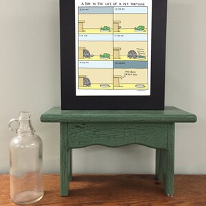 May include: A black framed print of a cartoon illustration depicting a day in the life of a pet tortoise. The illustration shows the tortoise at different times of the day, including 6:00 AM, 10:00 AM, 3:00 PM, and 10:00 PM. The text "A Day in the Life of a Pet Tortoise" is at the top of the print.