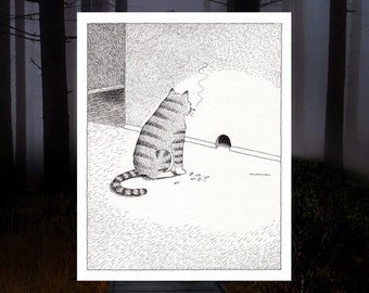 Creepy Cat Print: Witchy Cubicle Decor, Gray Pen & Ink Art