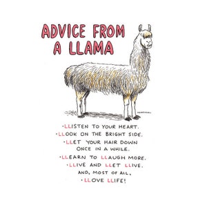 May include: A cartoon illustration of a llama with the text "ADVICE FROM A LLAMA" above it. The llama is standing on a white background. Below the llama is a list of advice, written in all caps, with the letter "L" repeated multiple times in each word: "LLISTEN TO YOUR HEART. LLOOK ON THE BRIGHT SIDE. LLET YOUR HAIR DOWN ONCE IN A WHILE. LLEARN TO LLAUGH MORE. LLIVE AND LLET LLIVE. AND, MOST OF ALL, LLOVE LLIFE!"