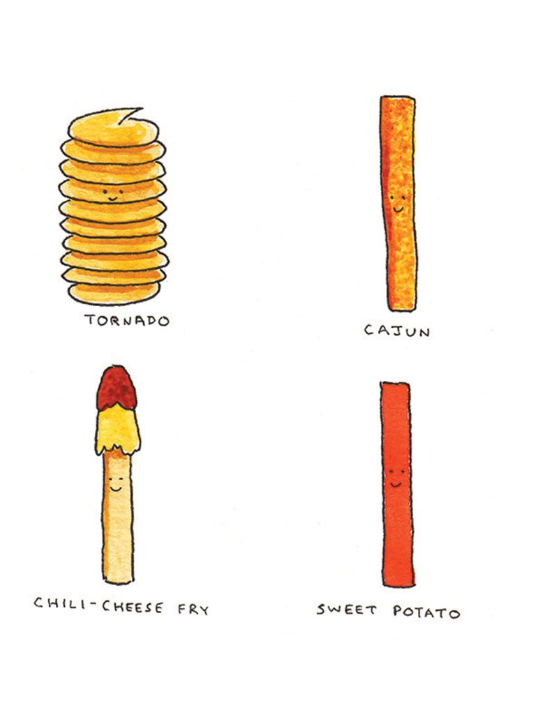 May include: Four different types of french fries with cute faces drawn on them. The fries are labeled "Tornado", "Cajun", "Chili-Cheese Fry", and "Sweet Potato".