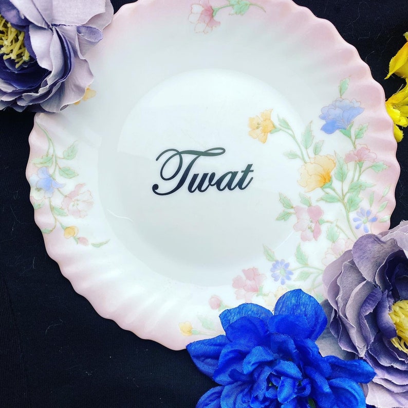 Pu&ograve; includere: Un piatto in ceramica bianca con un bordo rosa e un motivo floreale. La parola "Twat" &egrave; scritta in corsivo nero sul piatto.