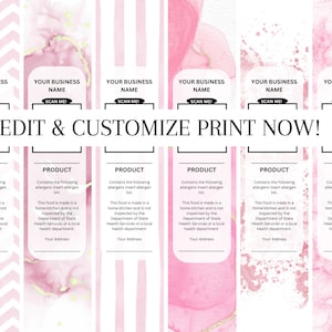 Puede incluir: Seis plantillas de etiquetas de alimentos rosas y blancas con un fondo de acuarela. Cada plantilla tiene el texto "YOUR BUSINESS NAME" y "SCAN ME!" en la parte superior. El texto "EDIT & CUSTOMIZE PRINT NOW!" está en texto negro en la parte inferior de la imagen. Cada plantilla tiene el texto "PRODUCT" en la parte superior de un cuadro blanco y el texto "Contiene los siguientes alérgenos insertar lista de alérgenos." y "Este alimento se elabora en una cocina casera y no está inspeccionado por el Departamento de Servicios de Salud del Estado o un departamento de salud local. Tu dirección" en el cuadro blanco.