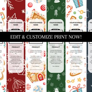 Könnte beinhalten: Ein Satz von sechs weihnachtlichen Produktetiketten mit festlichen Illustrationen. Jedes Etikett hat ein einzigartiges Design, darunter Lebkuchenmänner, Zuckerstangen und Ornamente, mit Textfeldern für Geschäfts- und Produktinformationen. Die Etiketten sind zur Anpassung bestimmt.