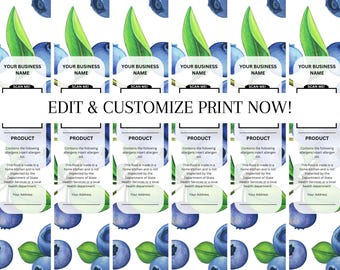 May include: Six blue and green blueberry labels with the text "YOUR BUSINESS NAME" and "SCAN ME!"  The labels also have the text "PRODUCT" and information about allergens and where the product was made.