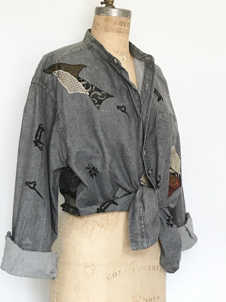 80s Denim Tie Front Shirt Vintage 1980s Wearable Art Restyled Mens Shirt Gray Top Cotton Denim and Applique OSFA Volup
