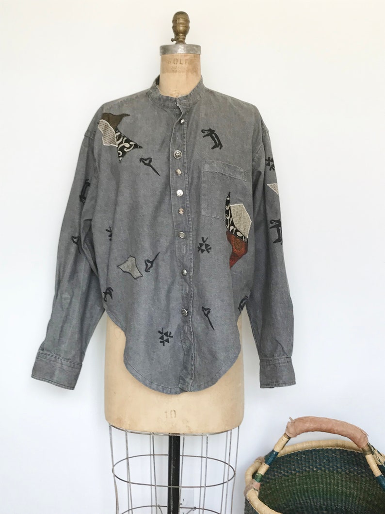 80s Denim Tie Front Shirt Vintage 1980s Wearable Art Restyled Mens Shirt Gray Top Cotton Denim and Applique OSFA Volup
