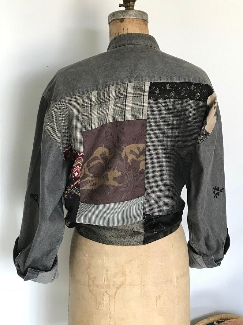 80s Denim Tie Front Shirt Vintage 1980s Wearable Art Restyled Mens Shirt Gray Top Cotton Denim and Applique OSFA Volup