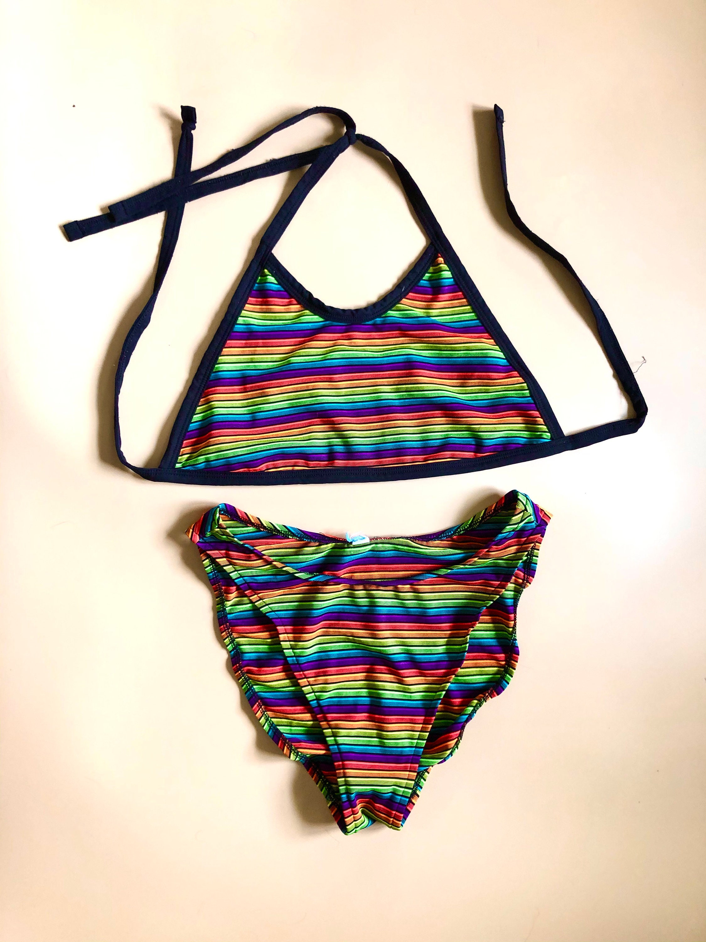 Vintage 90s rainbow high neck halter bikini bathing suit neon | Etsy