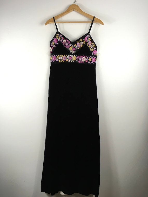 Vintage Black Velvet Maxi Dress 60s 70s embroider… - image 1