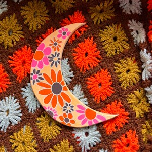 Hand painted moon art wall hanging wood flower power orange 60s 70’s style vintage style