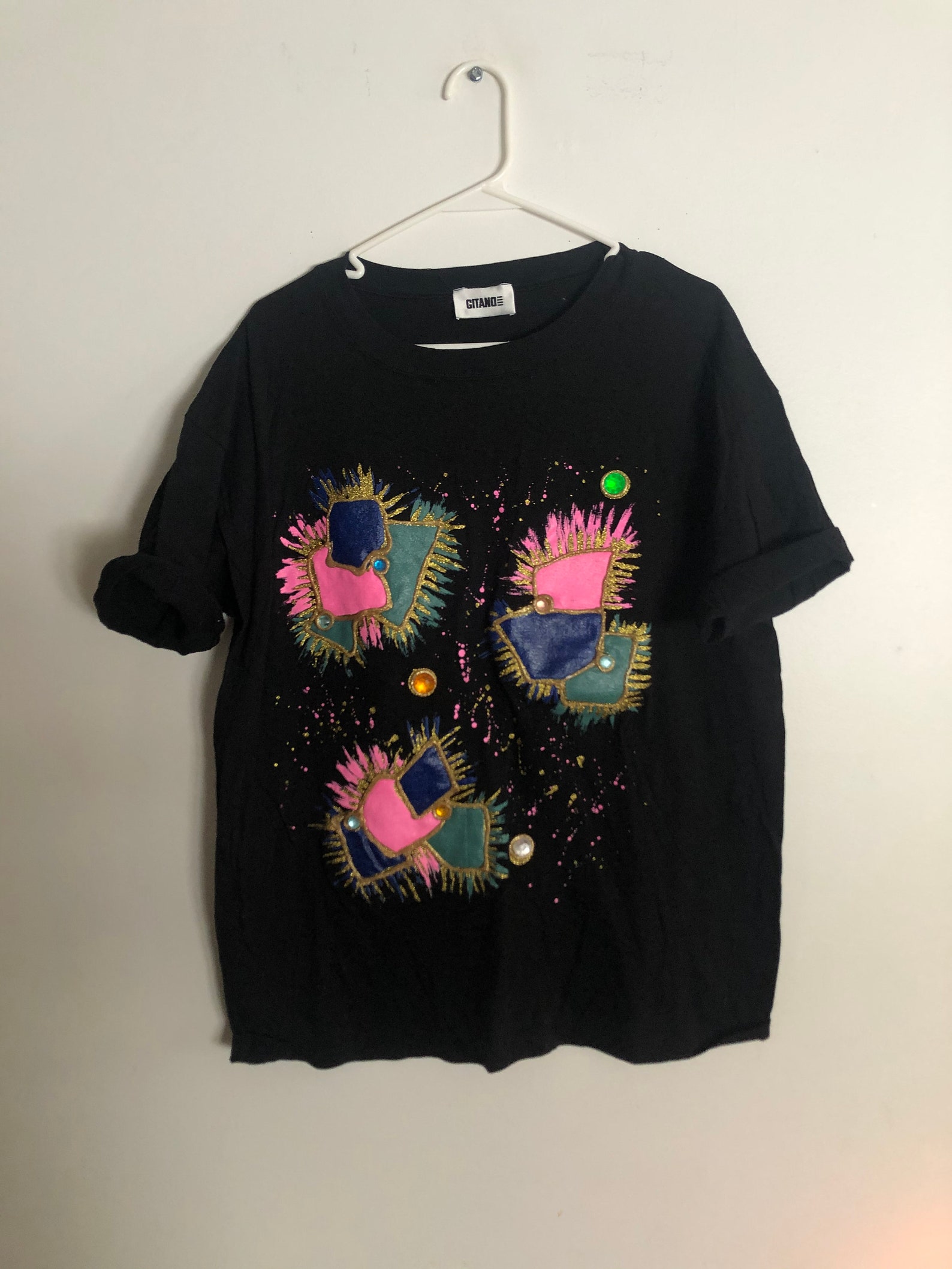 Vintage Puff Paint Black Shirt 1990s 90s Neon Gems Hot Pink Etsy