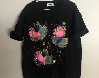 Vintage Puff Paint Black Shirt 1990s 90s Neon Gems Hot Pink Gold Funky  Artist Art Grunge Hippie Rhinestone Sparkle E 