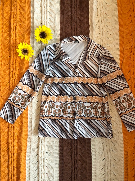 Vintage orange brown blouse jacket hippie floral … - image 1