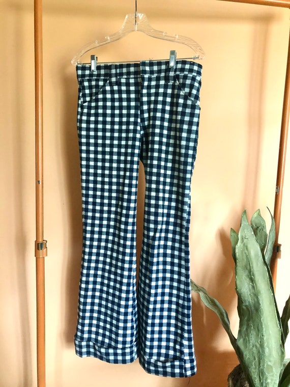 Vintage 1970s 1960s plaid checked blue white bell… - image 1