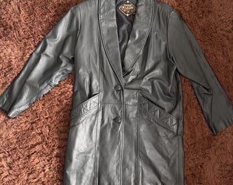 Vintage 1990s Charles Klein black leather trench coat 90s grunge fashion