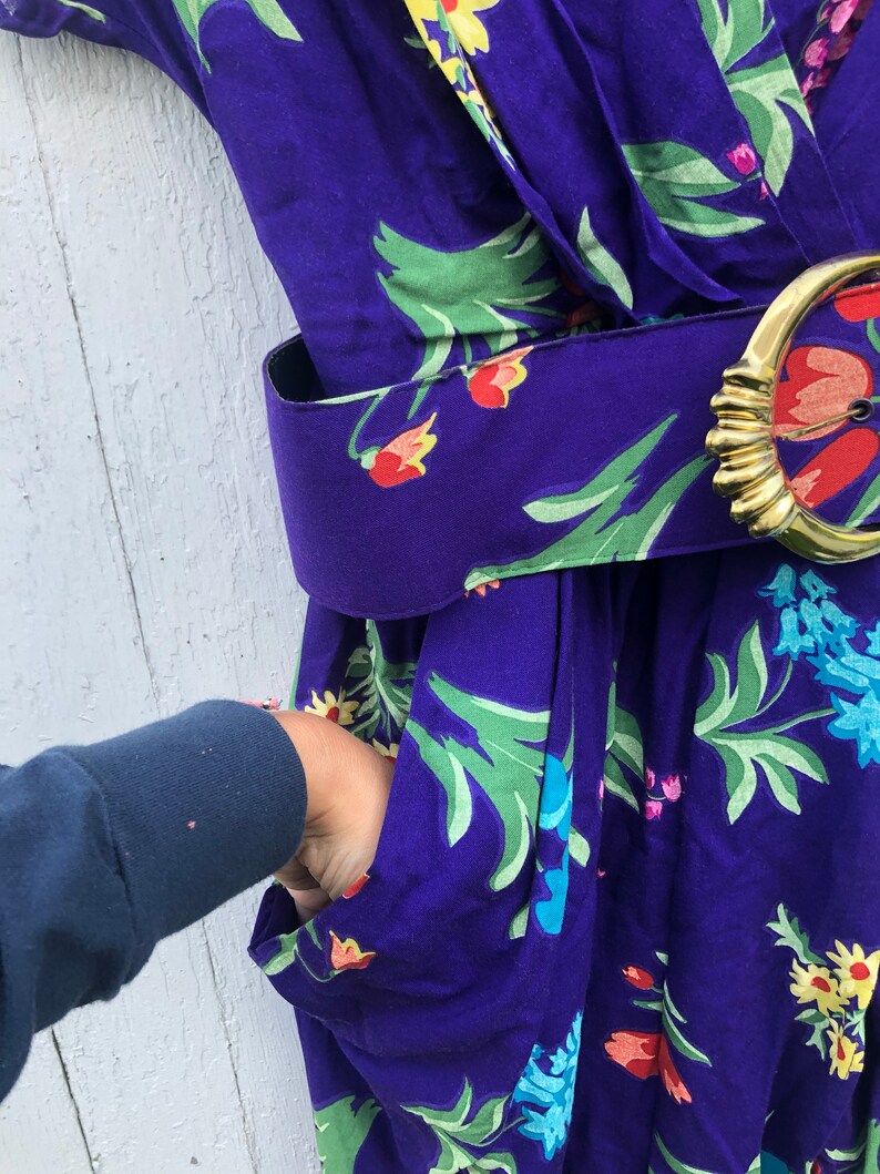 Vintage 90s dawn joy fashion purple floral dress gold belt floral 1990s G