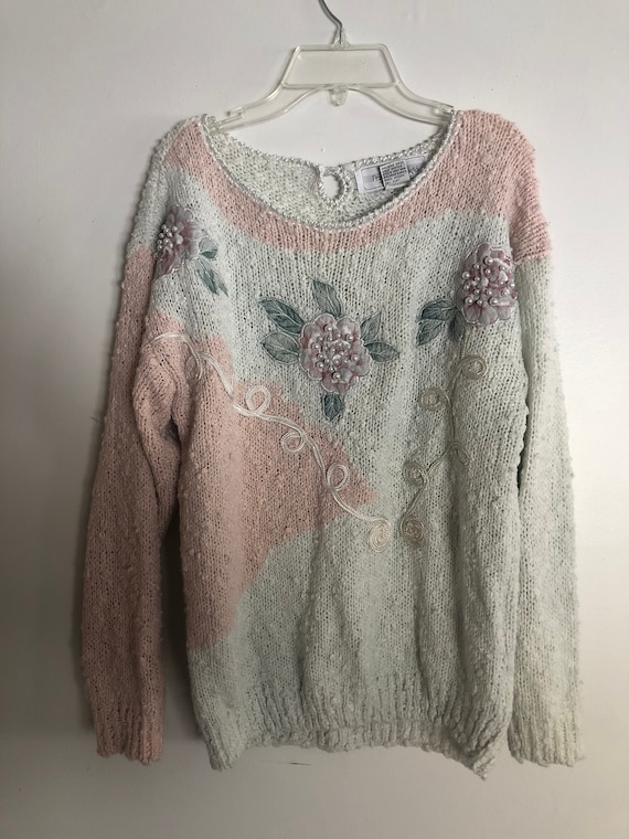 Vintage 90s pink pastel pearl rose sweater kawaii… - image 1