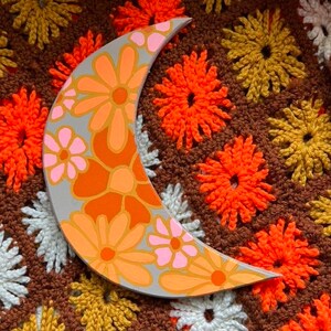 Hand painted moon art wall hanging wood flower power orange 60s 70’s style vintage style