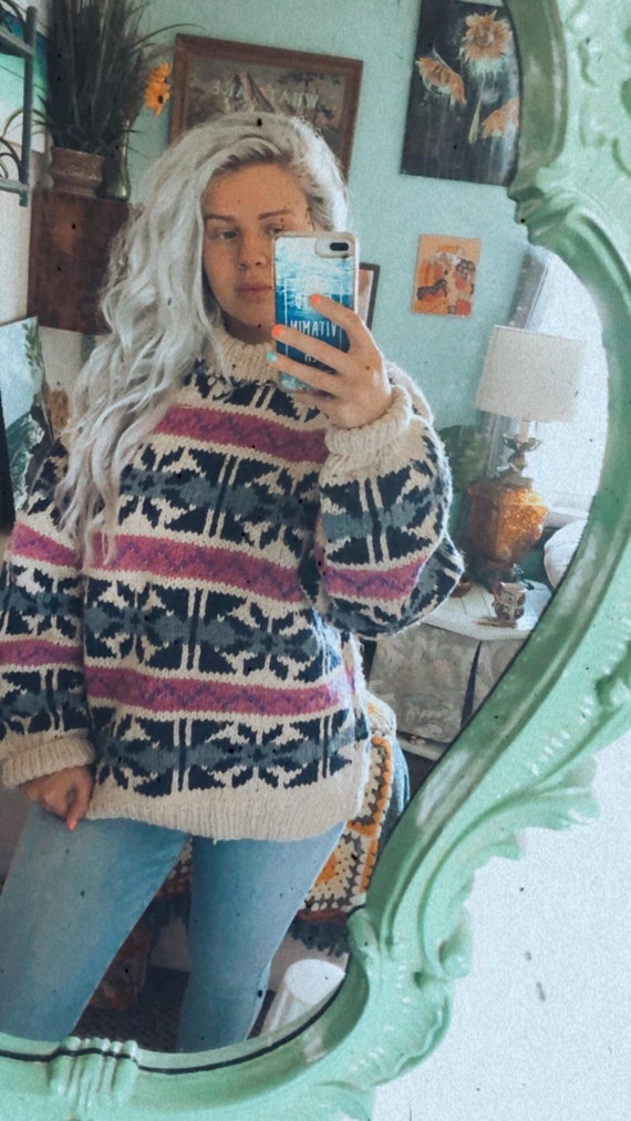 Vintage 90s super chunky ski sweater purple blue c