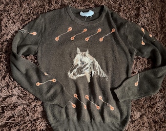 Vintage 1960s 1970s brown horse sweater 70s 60s long sleeve