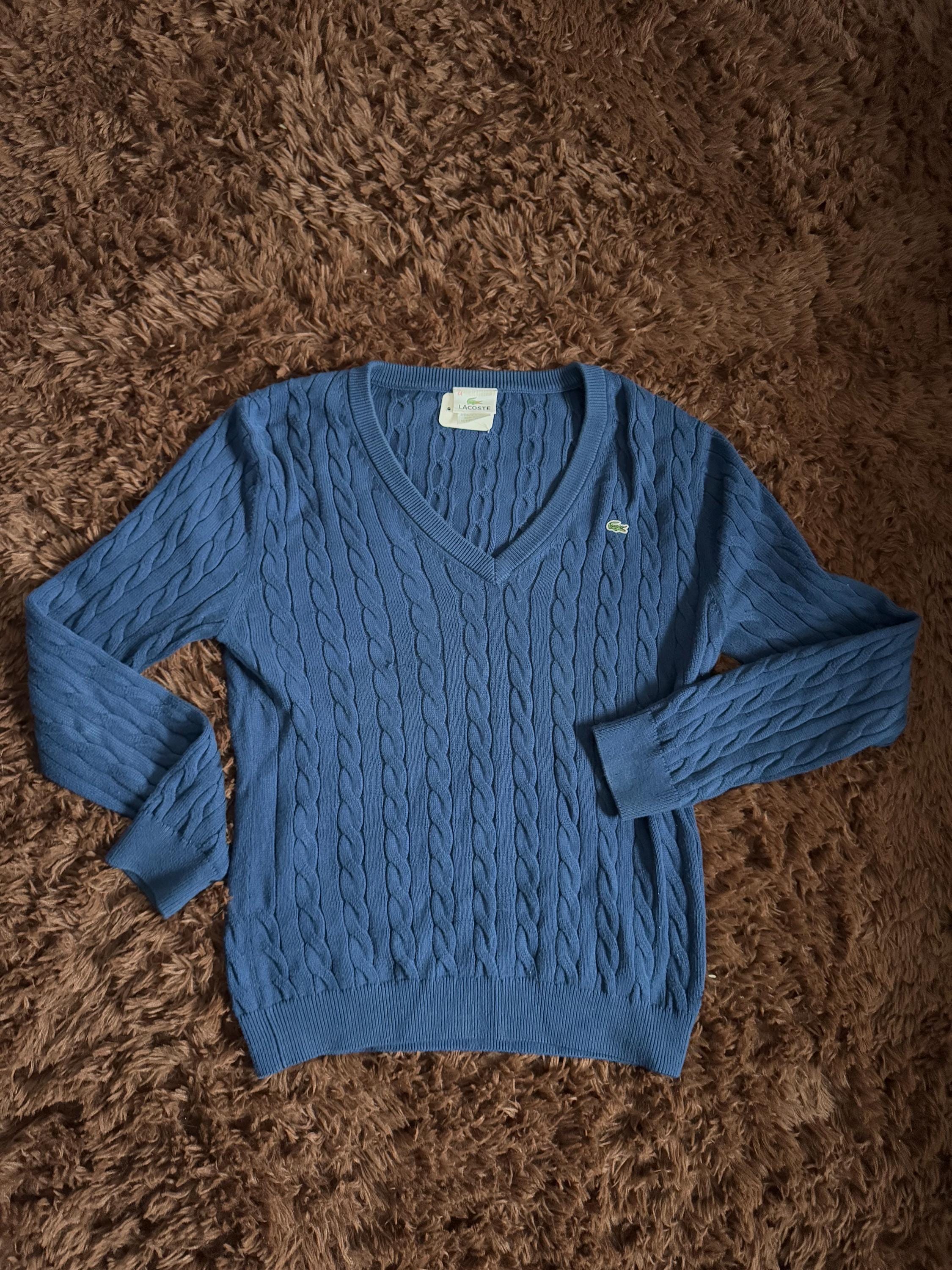 Vintage 1970s 1980s Lacoste Navy Blue Cable Knit V Neck Sweater 