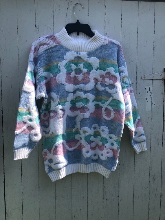 Vintage sparkle 90s pastel kawaii sweater flower … - image 1