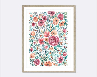 Folk Floral Painting - A watercolour painting of vintage roses in a modern floral style. Use for your gallery wall or gift for mom.