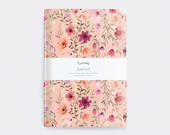 Pretty Notebook with Vintage Watercolour florals on a peach cover. Hand Bound A5 Gratitude Journal with lined or Dot Grid Pages.