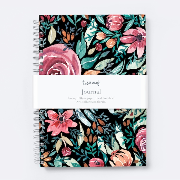 Dot Journal that has a pretty black cover. Gratitude Journal with a watercolour floral design. personal diary, daily or weekly planner.