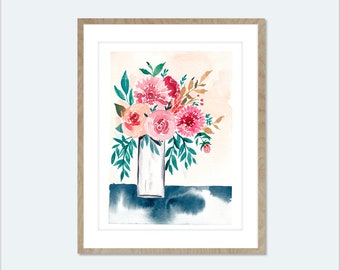 Mini floral painting of a vase of roses and dahlias. Small watercolour painting perfect for your gallery wall. Farmhouse decor.