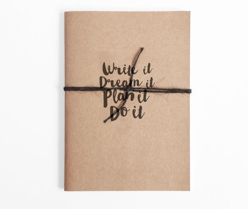 A5 Bullet Journal with a Recycled Card cover and the quote, Write it, Dream it, Plan it, Do It image 1