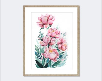 Watercolour Peonies Painting, A watercolour original painting of Pink Peonies in a modern style. Botanical painting, Titled Satisfied.
