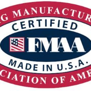 May include: Red, white, and blue oval logo with the text "FLAG MANUFACTURERS ASSOCIATION OF AMERICA" around the outside. Inside the oval is a smaller blue oval with the text "CERTIFIED" above the text "FMAA" and the text "MADE IN U.S.A." below. A small American flag is in the upper left corner of the smaller oval.