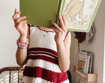 Vintage Hand-Knit Girls Tank Top: Maroon & White Striped A-Line, US Size 6