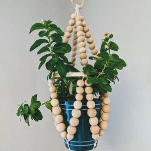 Wooden bead hanging planter, wood bead plant holder, simplistic natural wood bead plant holder with hoop