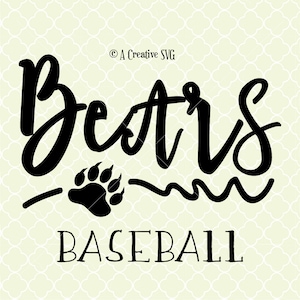 May include: Black and white graphic design with the text "Bears" in a stylized font. A black bear paw print is below the text with a wavy line underneath. The text "Baseball" is below the paw print.