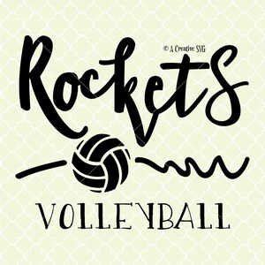 May include: Black and white graphic design with the text "Rockets Volleyball" and a volleyball graphic.