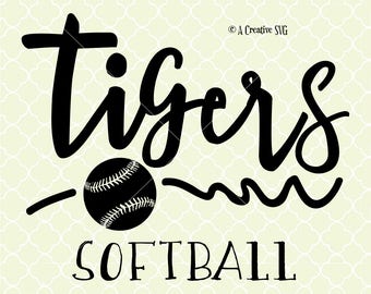 May include: Black and white graphic design with the word "tigers" in a cursive font. A baseball is included in the design with a wavy line underneath the word "tigers". The words "softball" are written below the baseball.