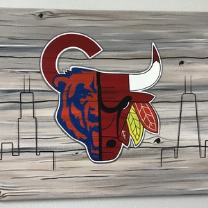 Chicago All Sport Faux Wood painting - Cubs, Bears, Bulls, Blackhawks