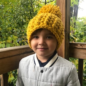Kids Crochet Hat - any color, mustard yellow, oatmeal, brown, red, blue, green, orange, purple, white, black- Pom pom crochet beanie