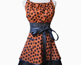 Womens Black Cat Crescent Moon-Halloween Apron Trick or Treat Witches -HANDMADE in the USA
