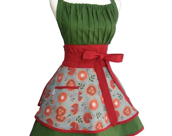 Women's Holiday Kitchen Apron: Christmas Thanksgiving, Pumpkin Pecan Pie Cranberry -Flirty Retro Design