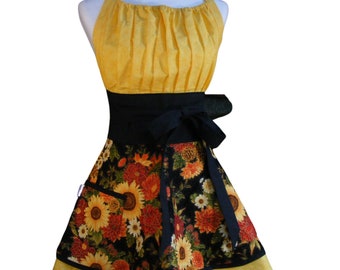 Womens Sunflower Flirty Kitchen Apron Autumn Fall Mums Retro Cooking Baking; Wedding Bridal Hostess -Mother's Day Gift for Her