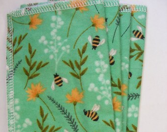 100% Cotton Flannel Cloth Baby Wipes Cloth Diapering- Set of 4 -Green Bees Wildflowers- Set of 4- Baby Shower Gift