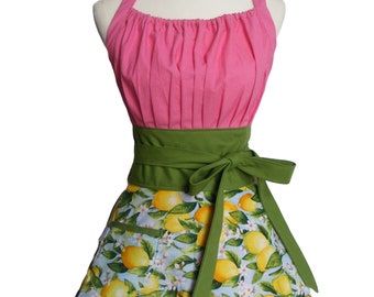 Lemon Print Kitchen Apron: Pink Polka Dot Retro Hostess-Christmas Gift for Her