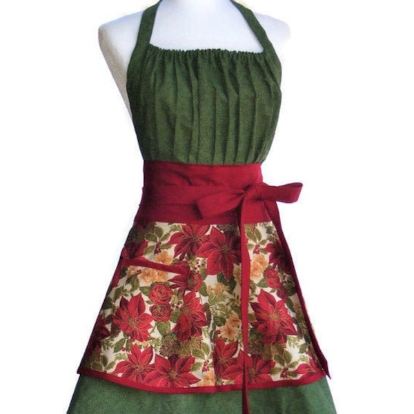 Women Flirty Kitchen Apron Christmas Holiday Red Poinsettia Holly Pine Retro Cooking Baking Wife Mom Anniversary Wedding Bridal Hostess Gift