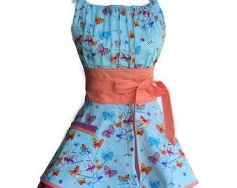 Womens Teen Girl Flirty Kitchen Apron Blue Butterflies Retro Cooking Baking; Wedding Bridal Hostess- Mother's Day Gift for Her