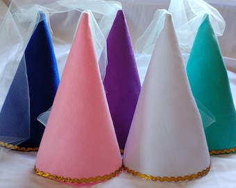 Sombrero de princesa de fieltro suave y cónico: disfraz medieval renacentista, velo de tul, accesorio de fiesta (a partir de 3 años)